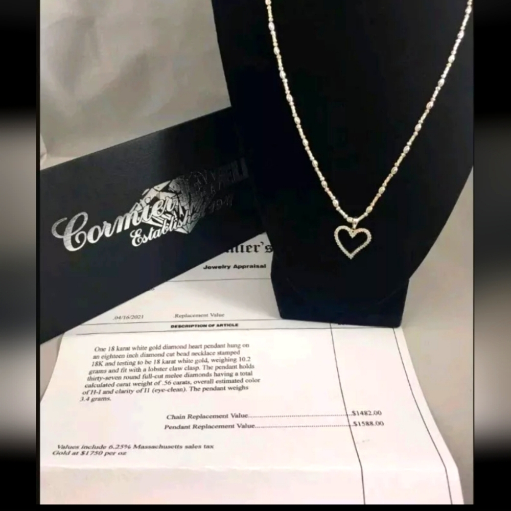 Diamond heart Pendant on a 18k white gold,diamond cut,beaded necklace! APPRAISED
